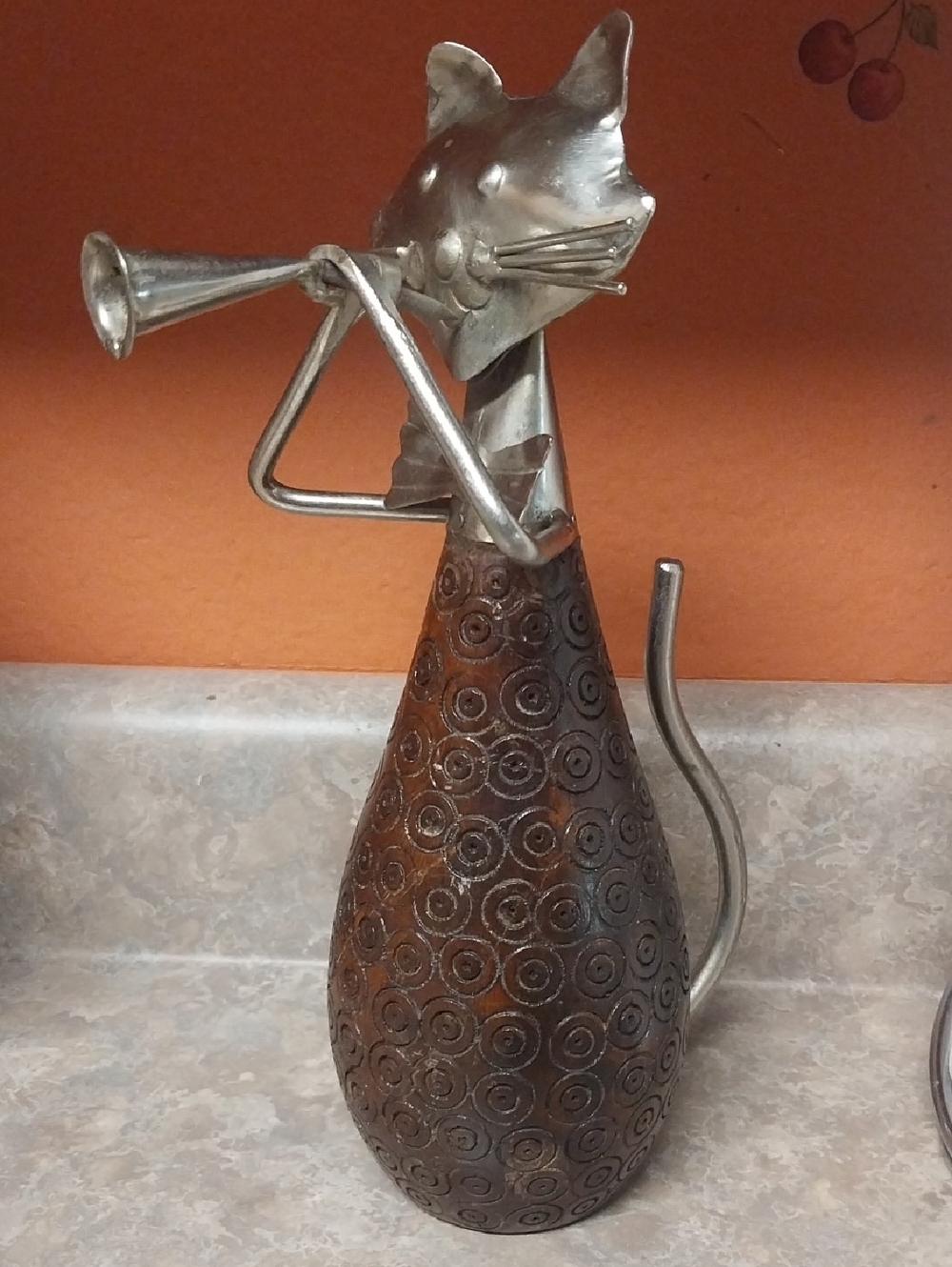 Metal Cat Figurine Trumpet Player - Brown and Silver Home Art